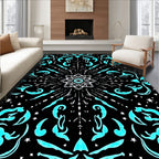 Bright Cyan Mandala Starburst Black Rug