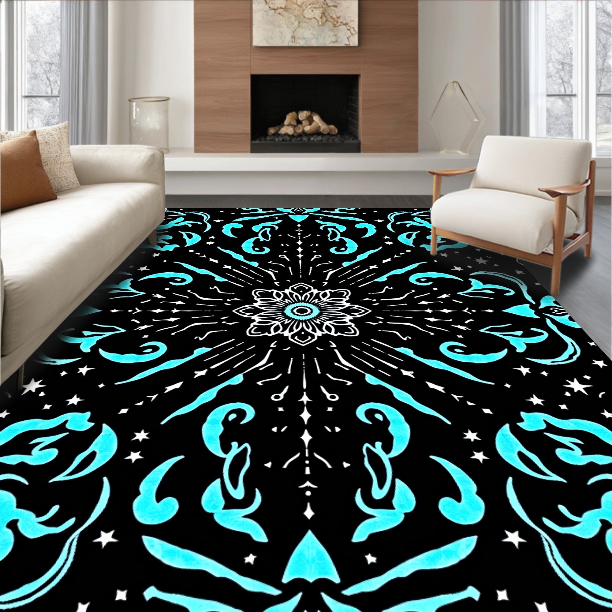 Bright Cyan Mandala Starburst Black Rug