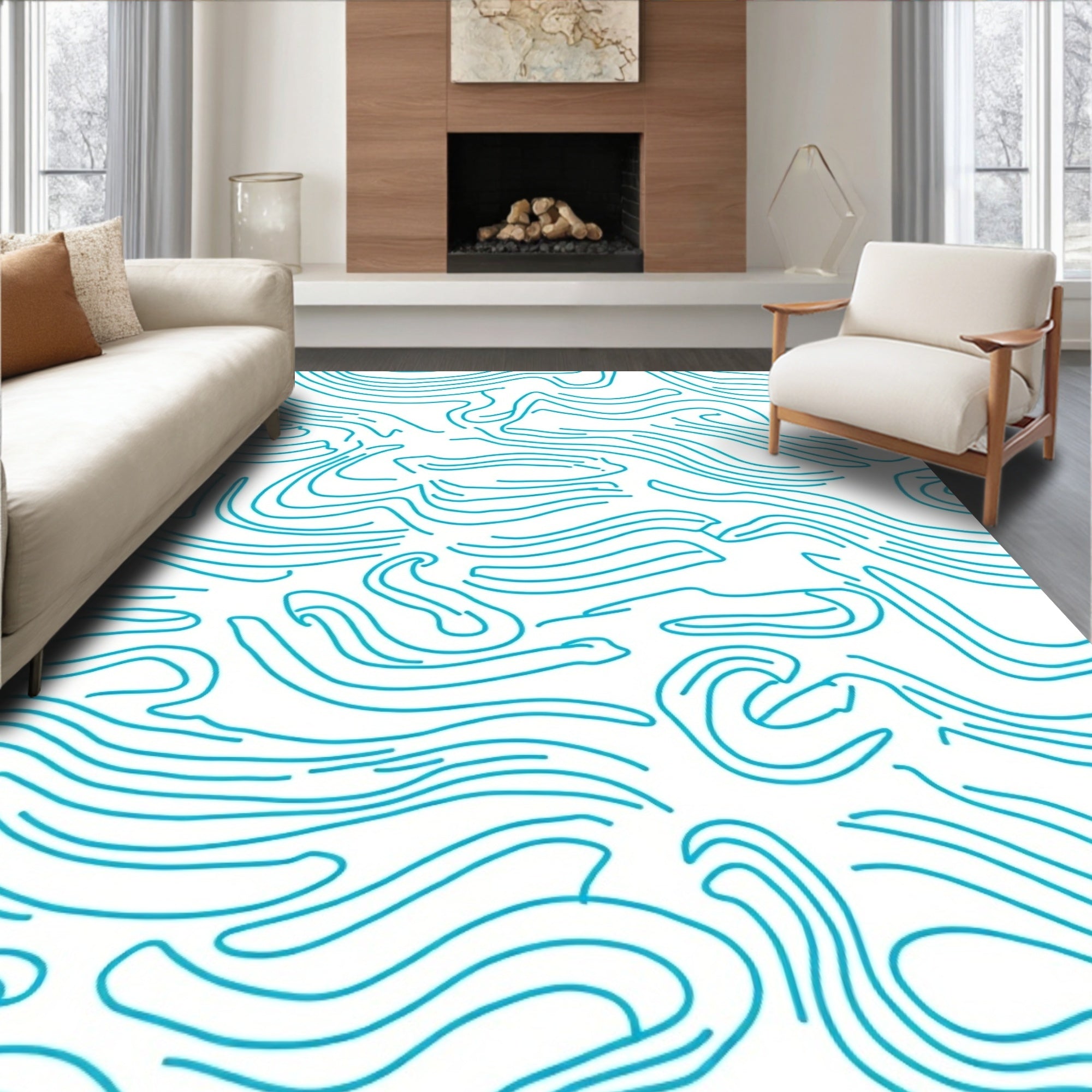 Abstract Swirls Blue Line Design Rug