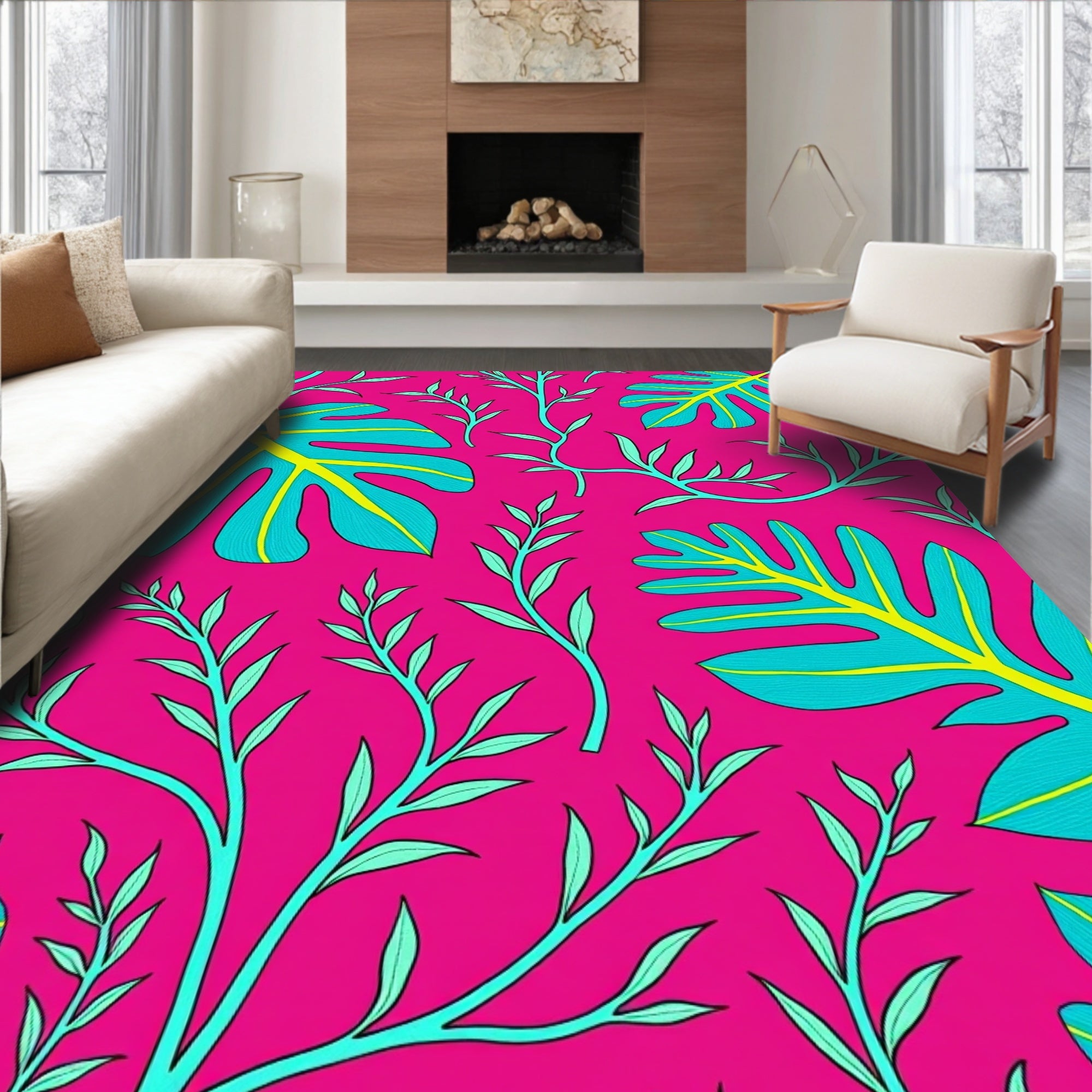 Vibrant Pink Tropical Leaf Swirl Rug