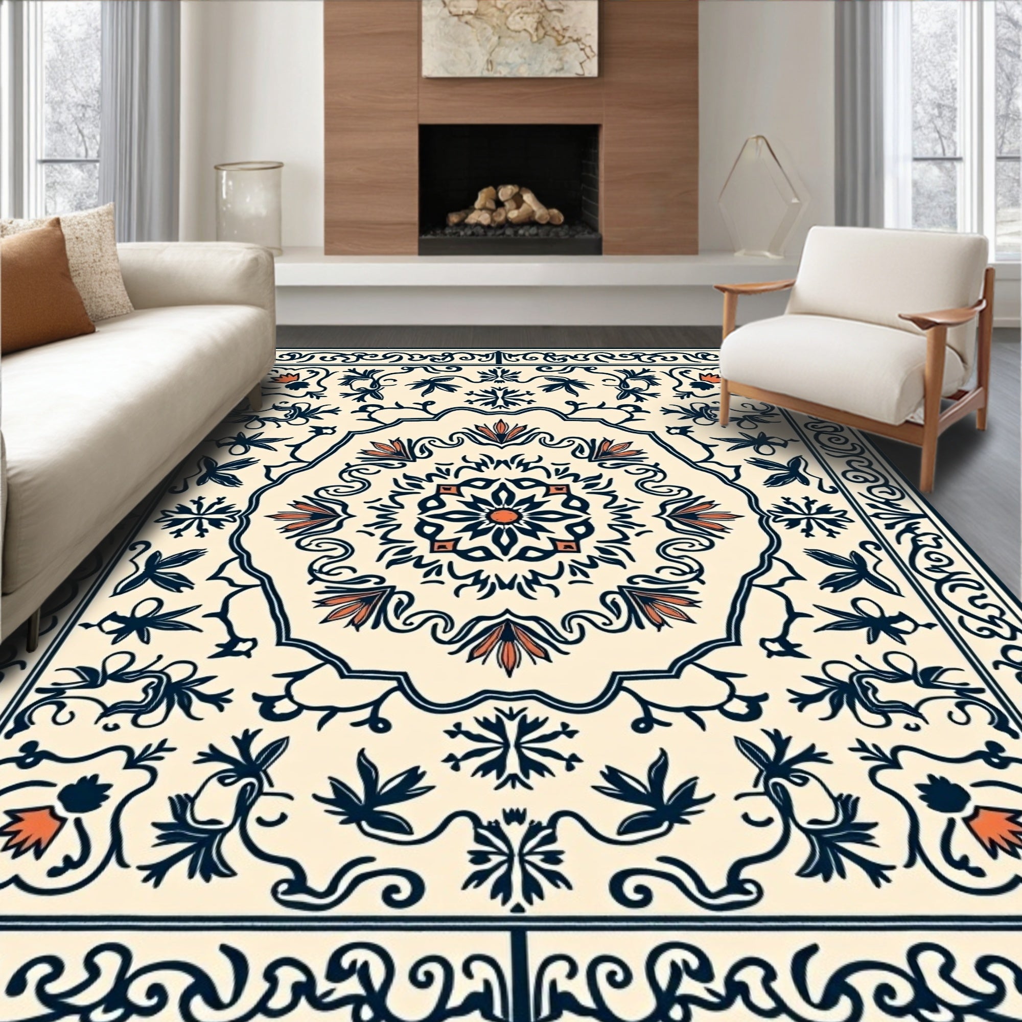Cream Navy Floral Medallion Rug
