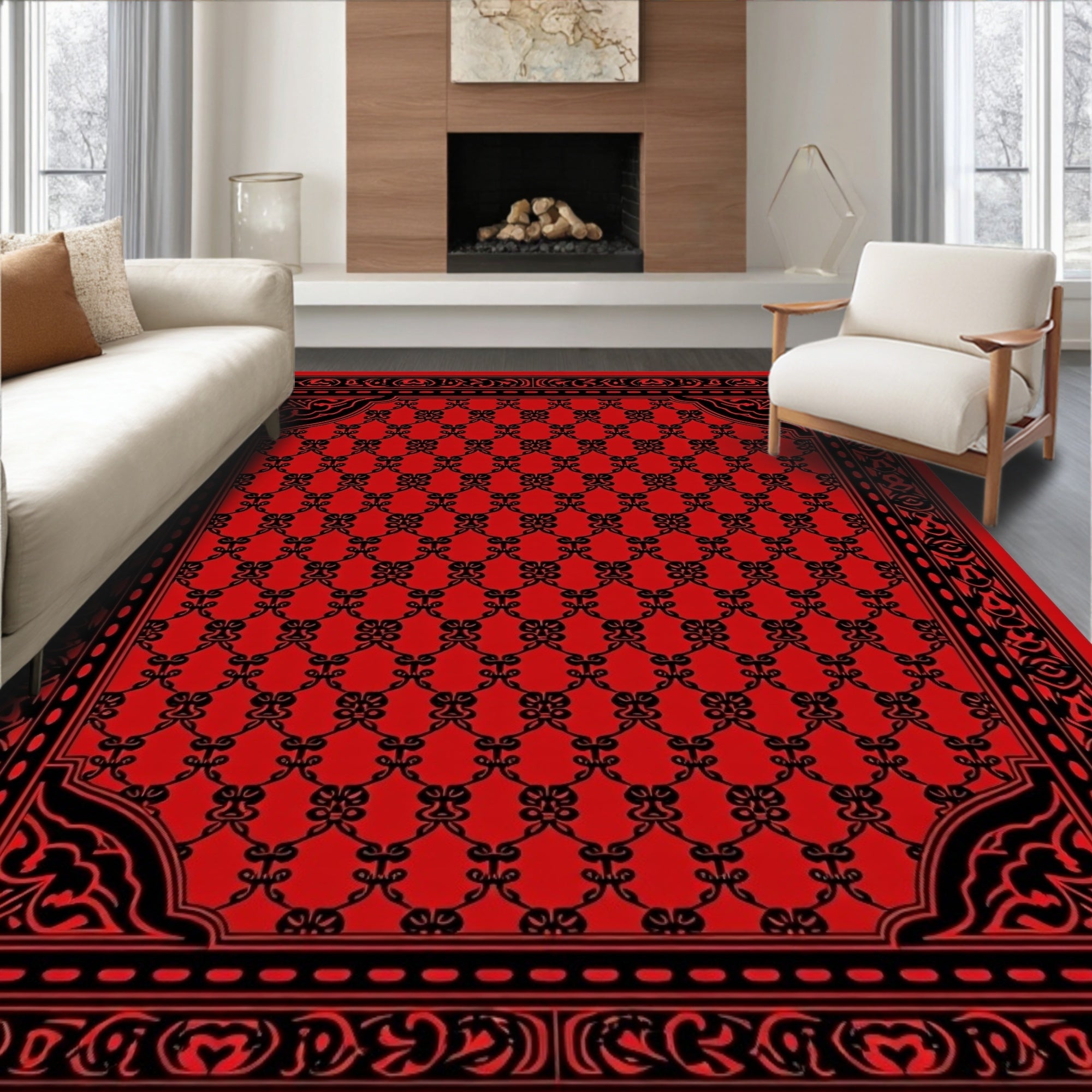 Ornate Red and Black Geometric Rug