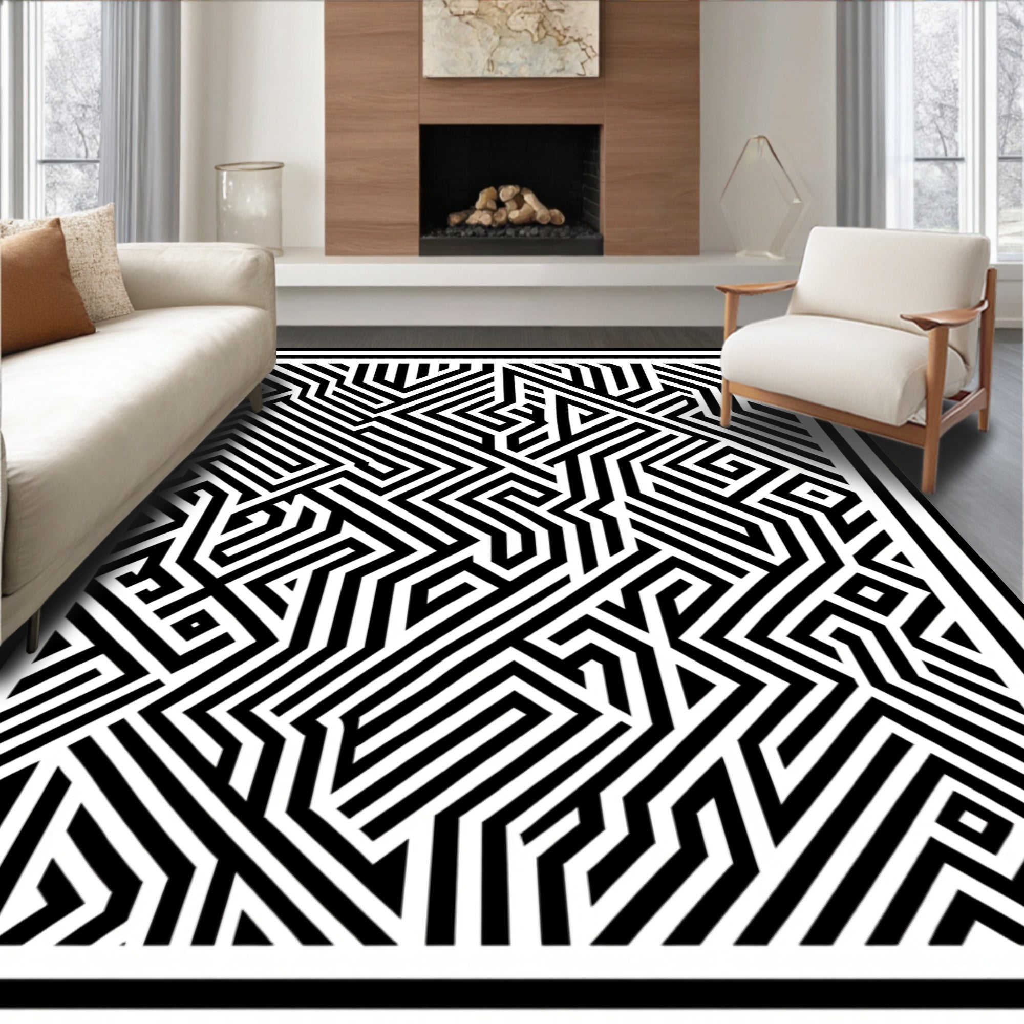 Black White Maze Geometric Pattern Rug