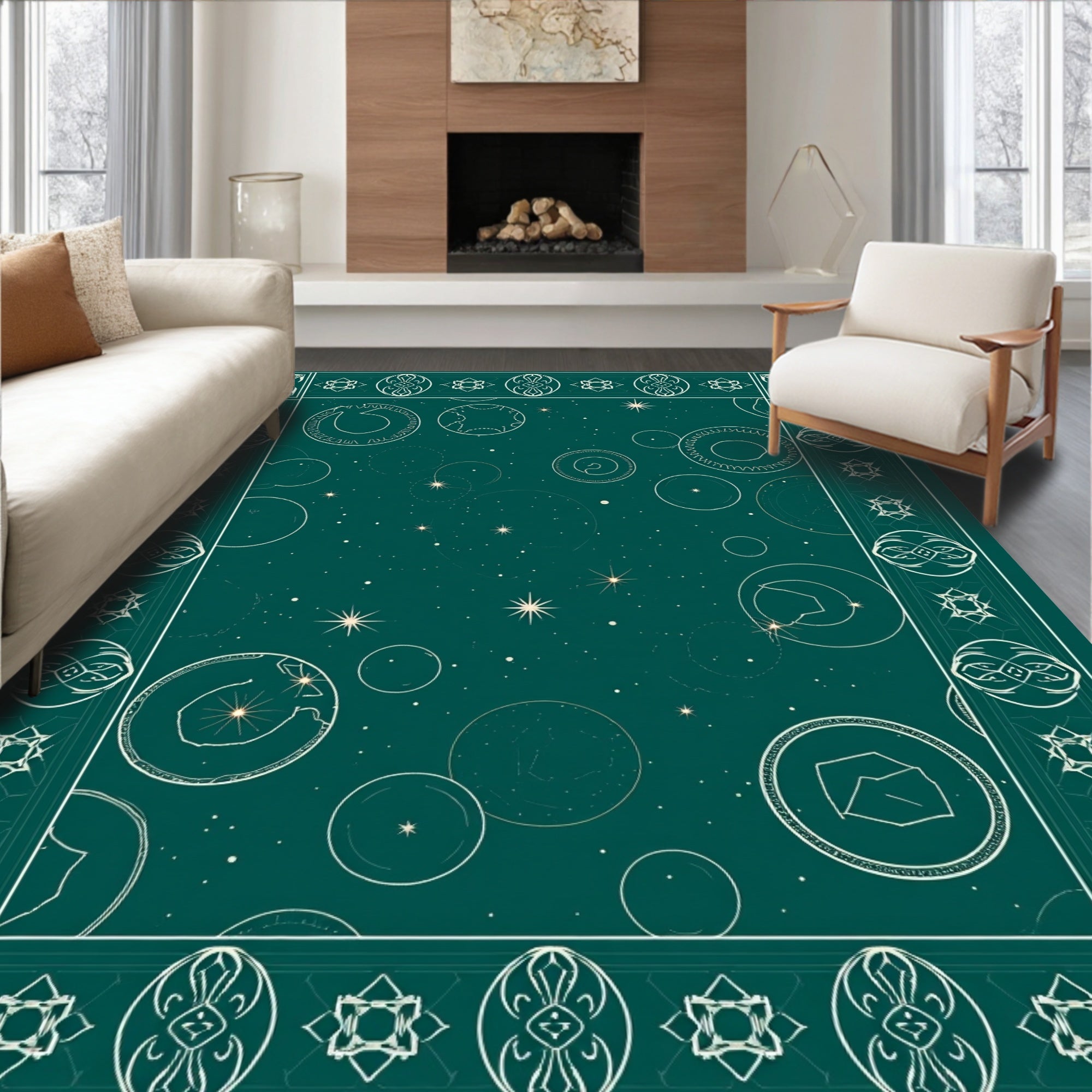 Celestial Teal Starry Orbs Border Rug