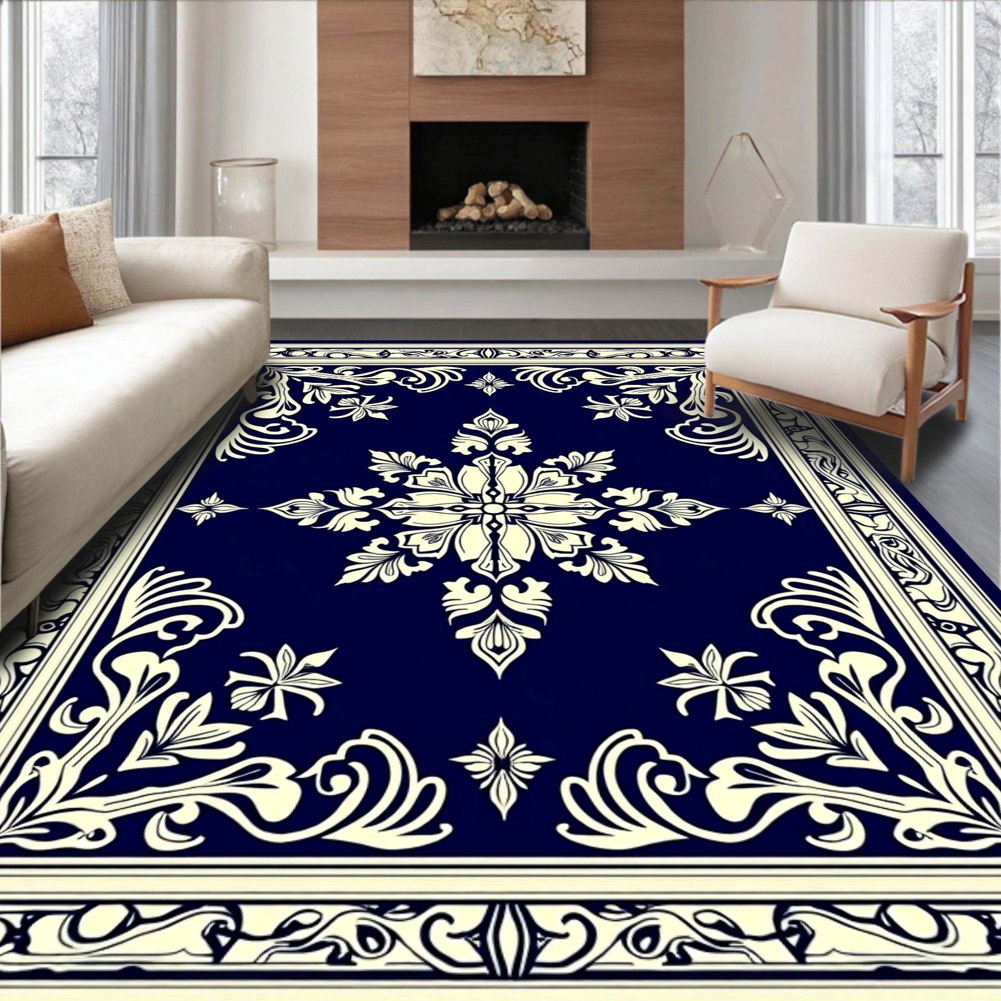 Ornate Floral Medallion Border Design Rug