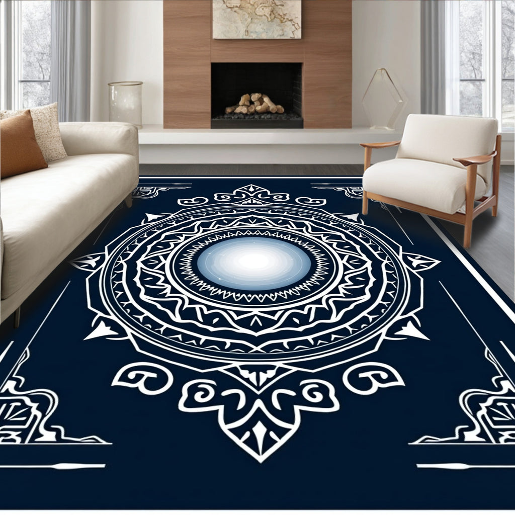 Midnight Blue Celestial Sunburst Mandala Rug