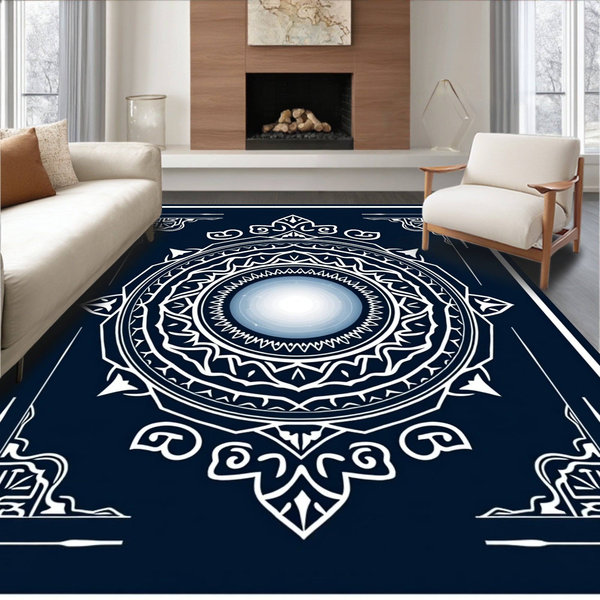Midnight Blue Celestial Sunburst Mandala Rug