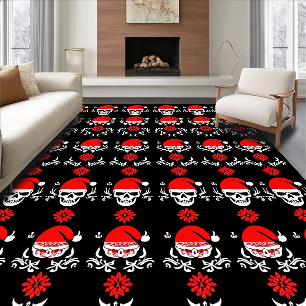 Black Red Skull Santa Hat Floral Rug