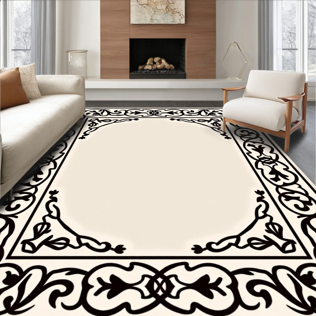 Elaborate Black Floral Border Design Rug
