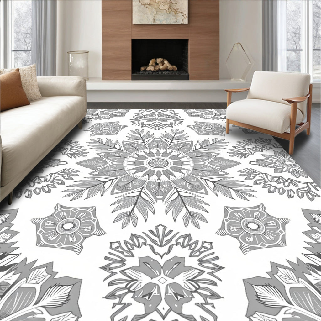 Monochromatic Gray Floral Mandala Art Rug