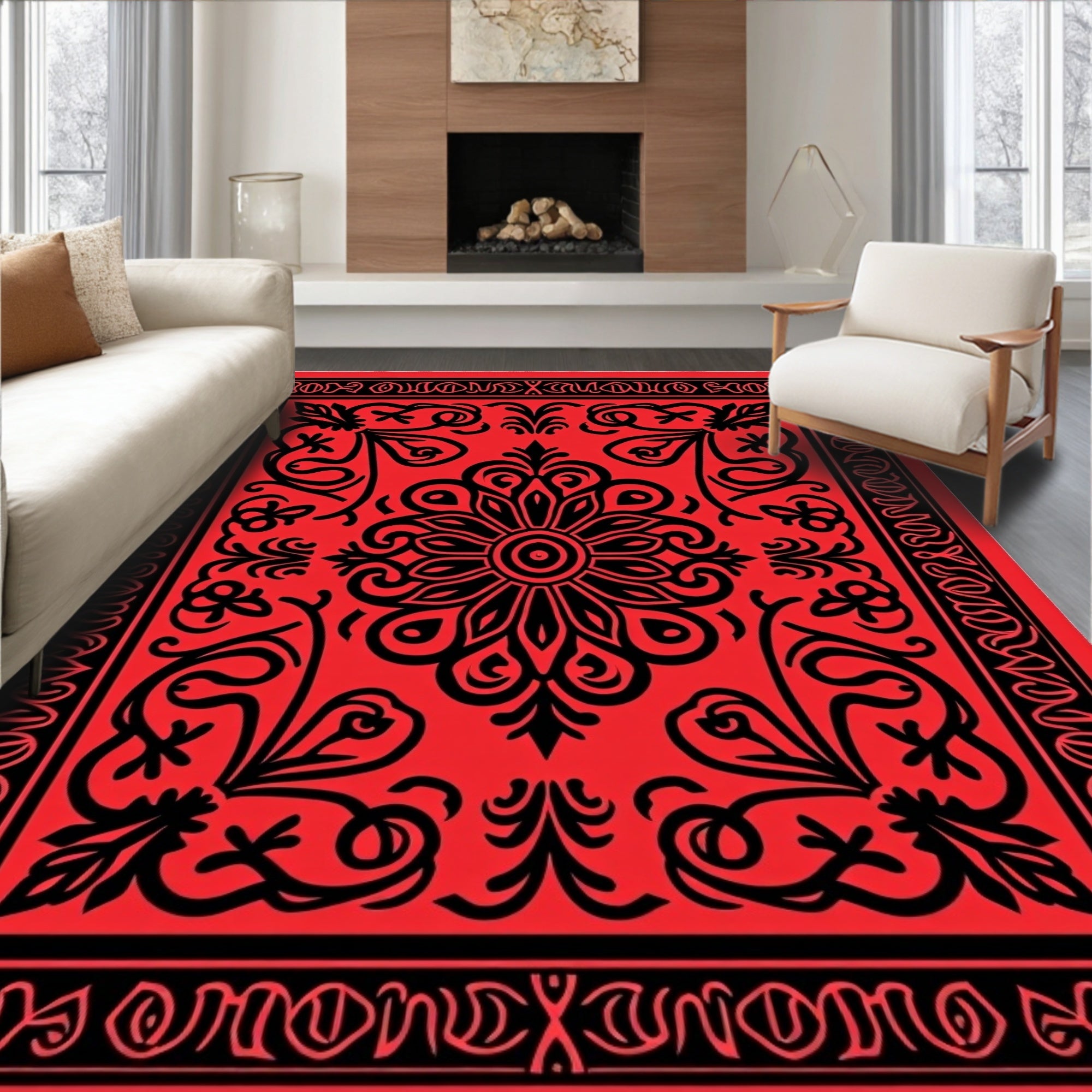 Bold Red Floral Folk Art Rug