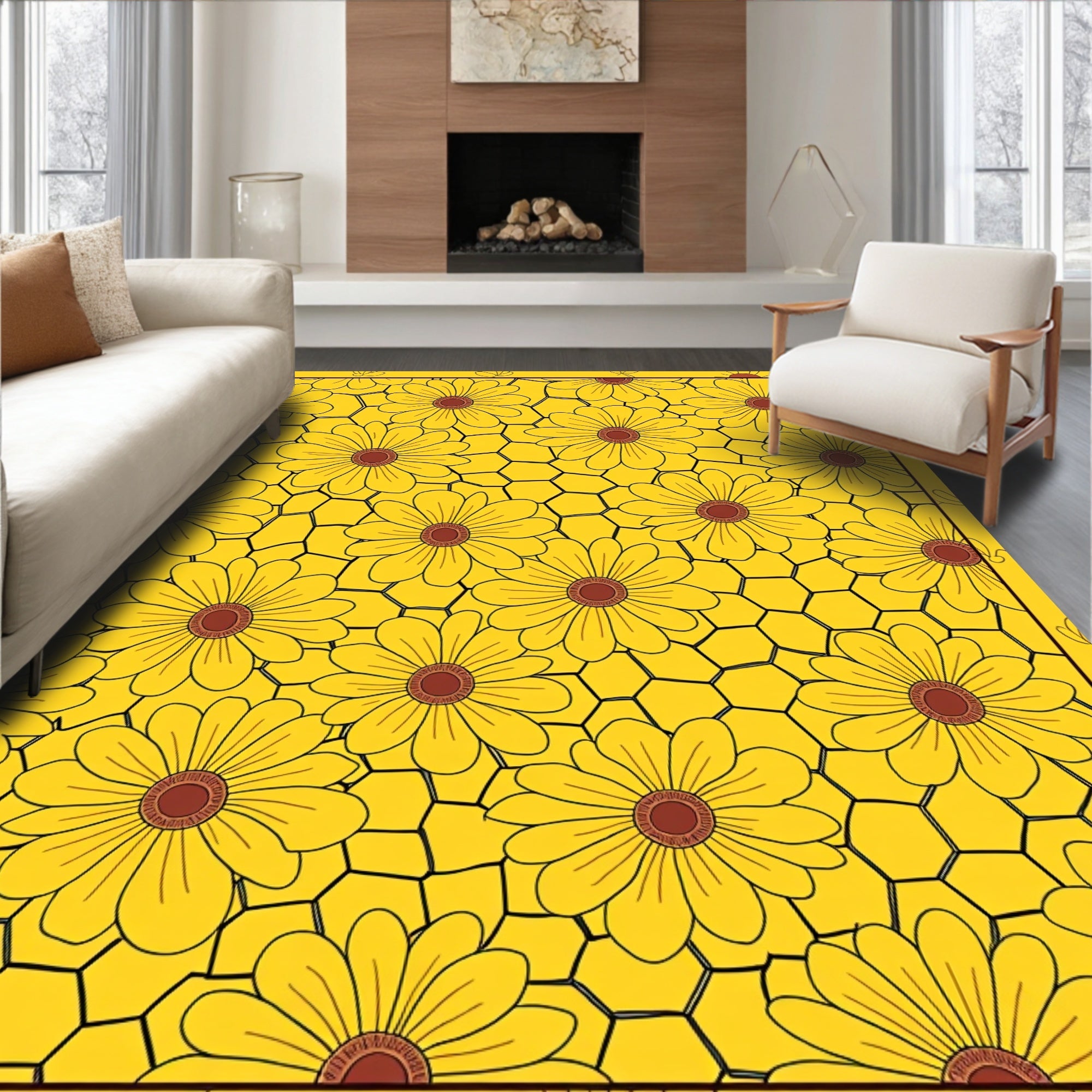 Bold Yellow Daisy Hexagon Pattern Rug