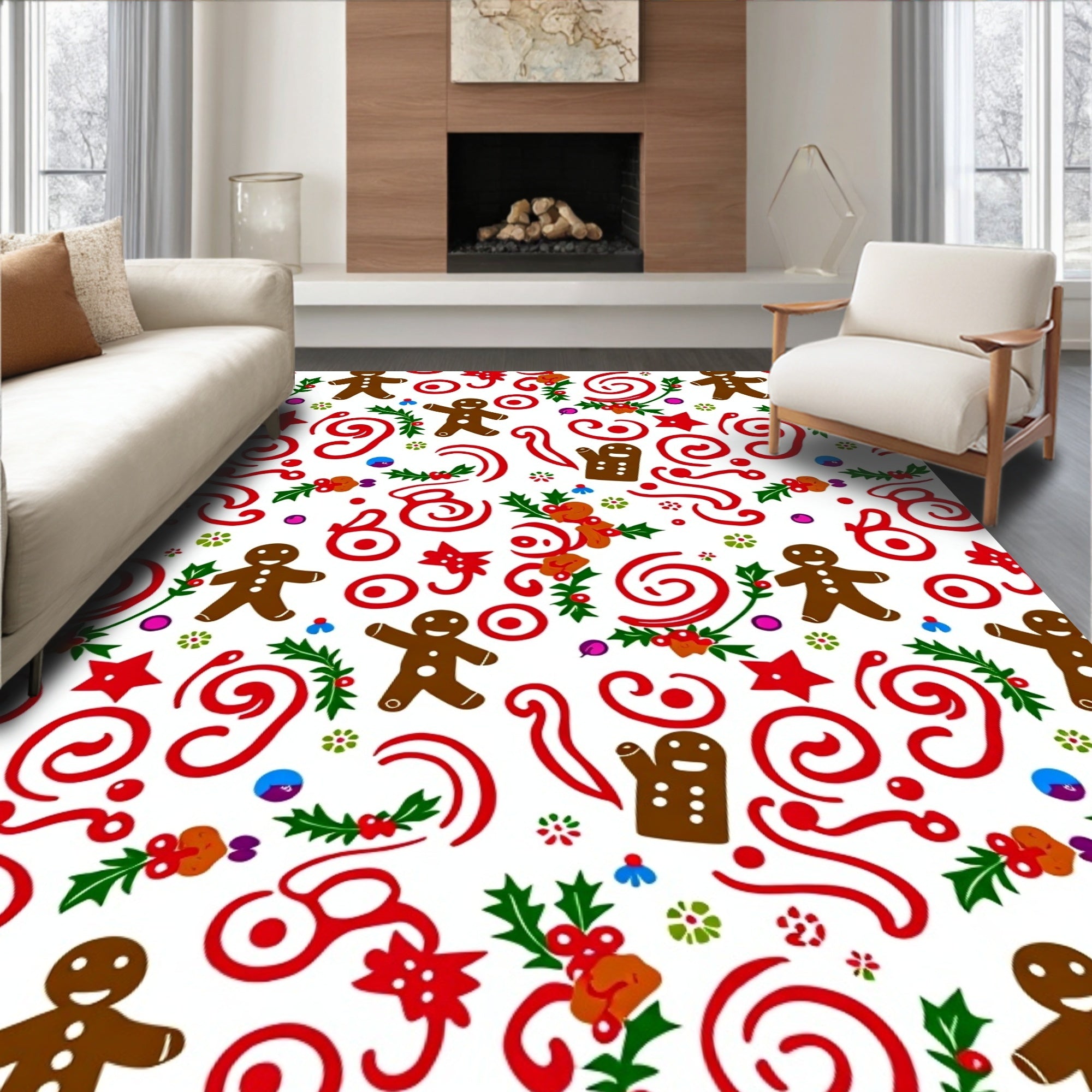 Festive Gingerbread Man Swirls Holly Rug