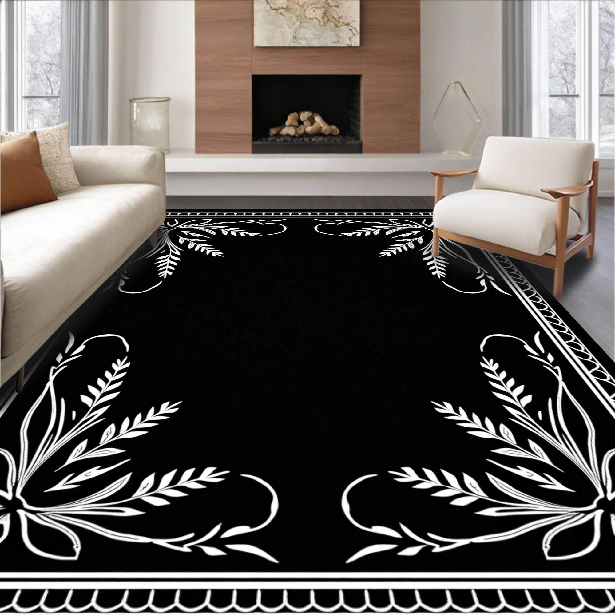 Elegant White Floral Border Design Rug