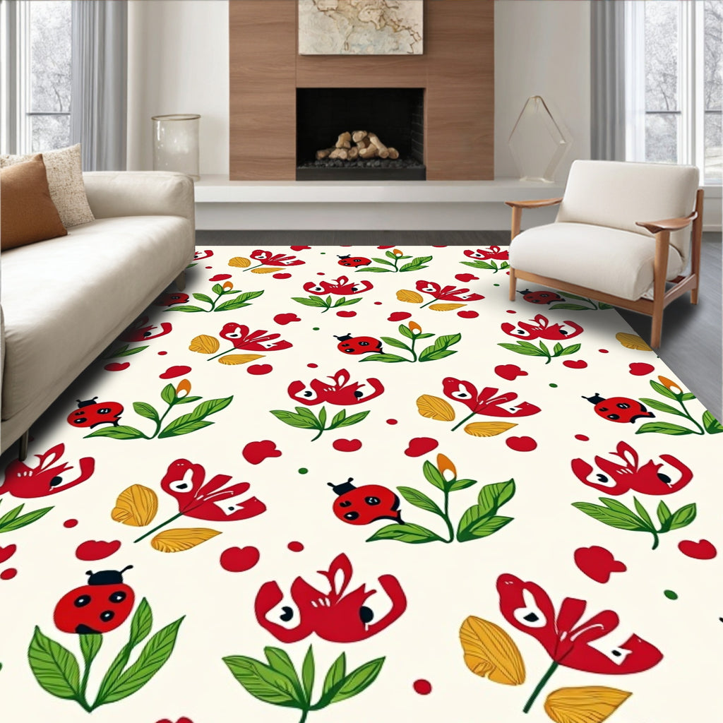 Red Ladybug Floral Garden Pattern Rug
