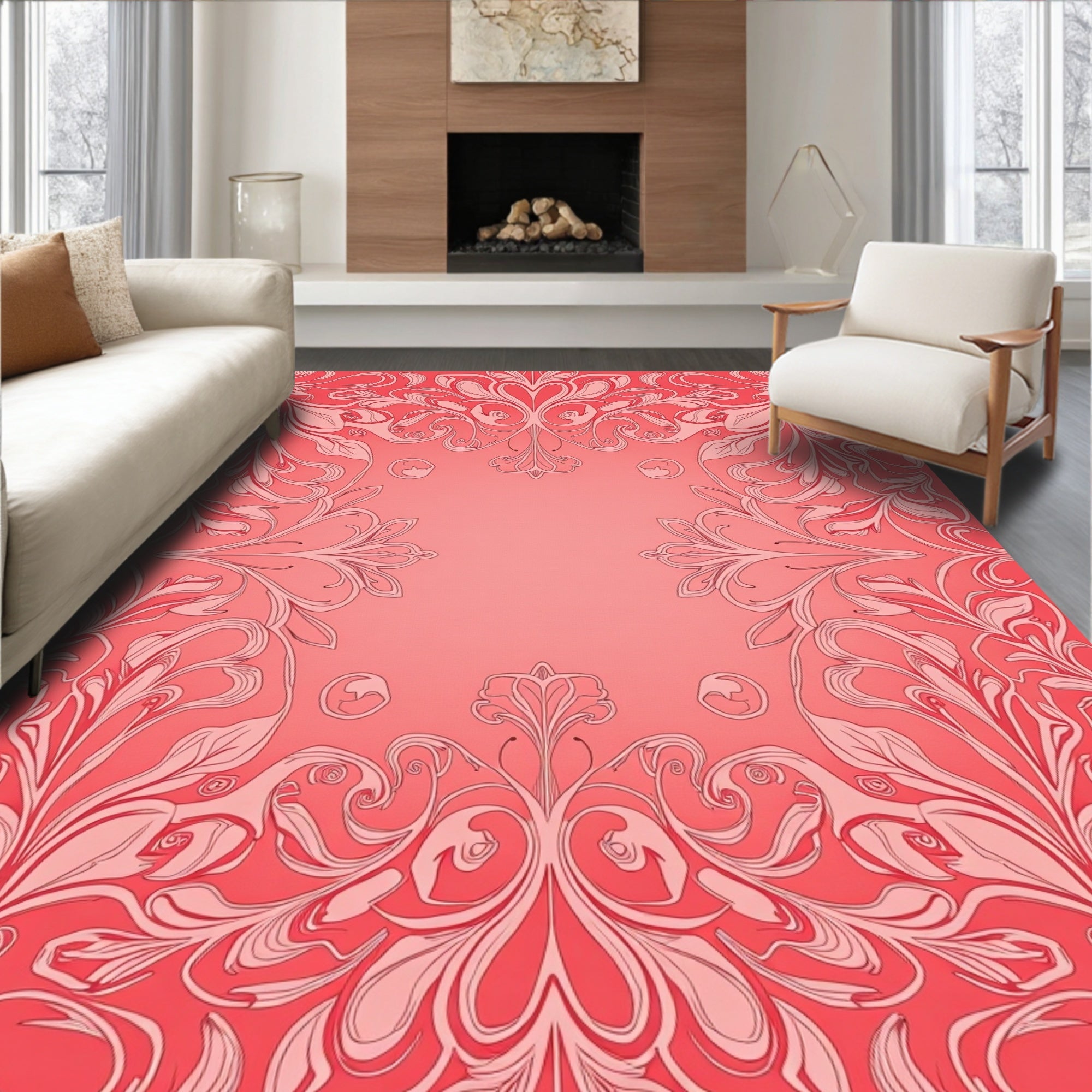 Elegant Coral Floral Swirl Design Rug