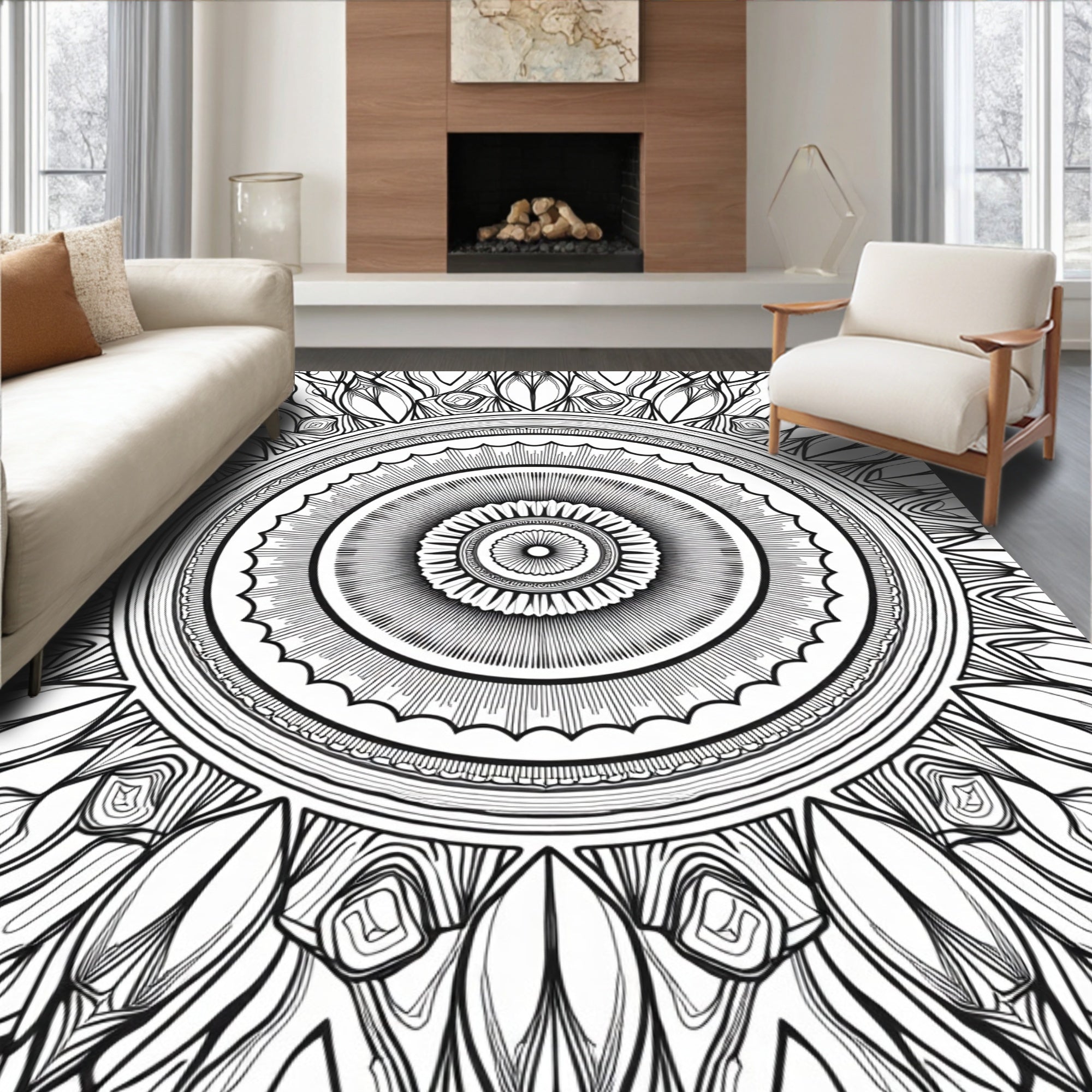 Intricate Radial Floral Mandala Design Rug