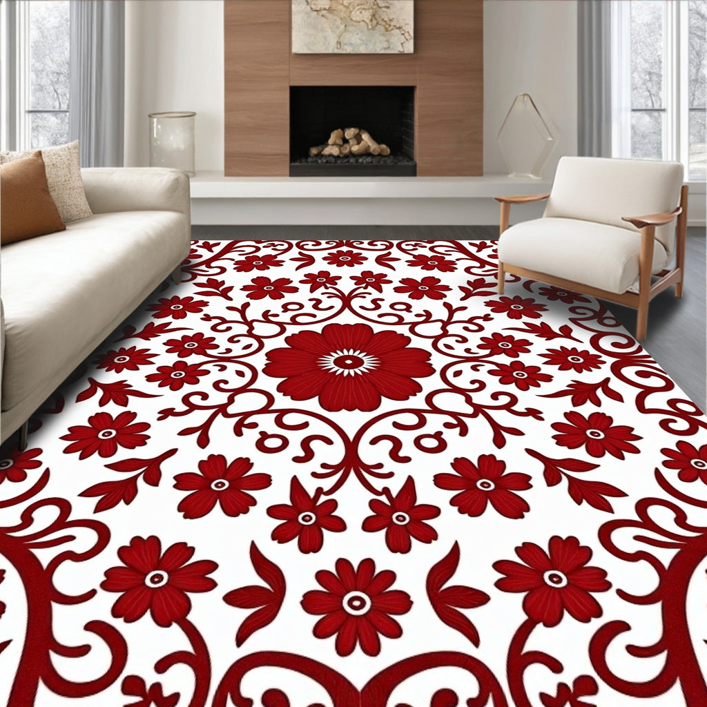 Rich Red Floral Vine Pattern Rug