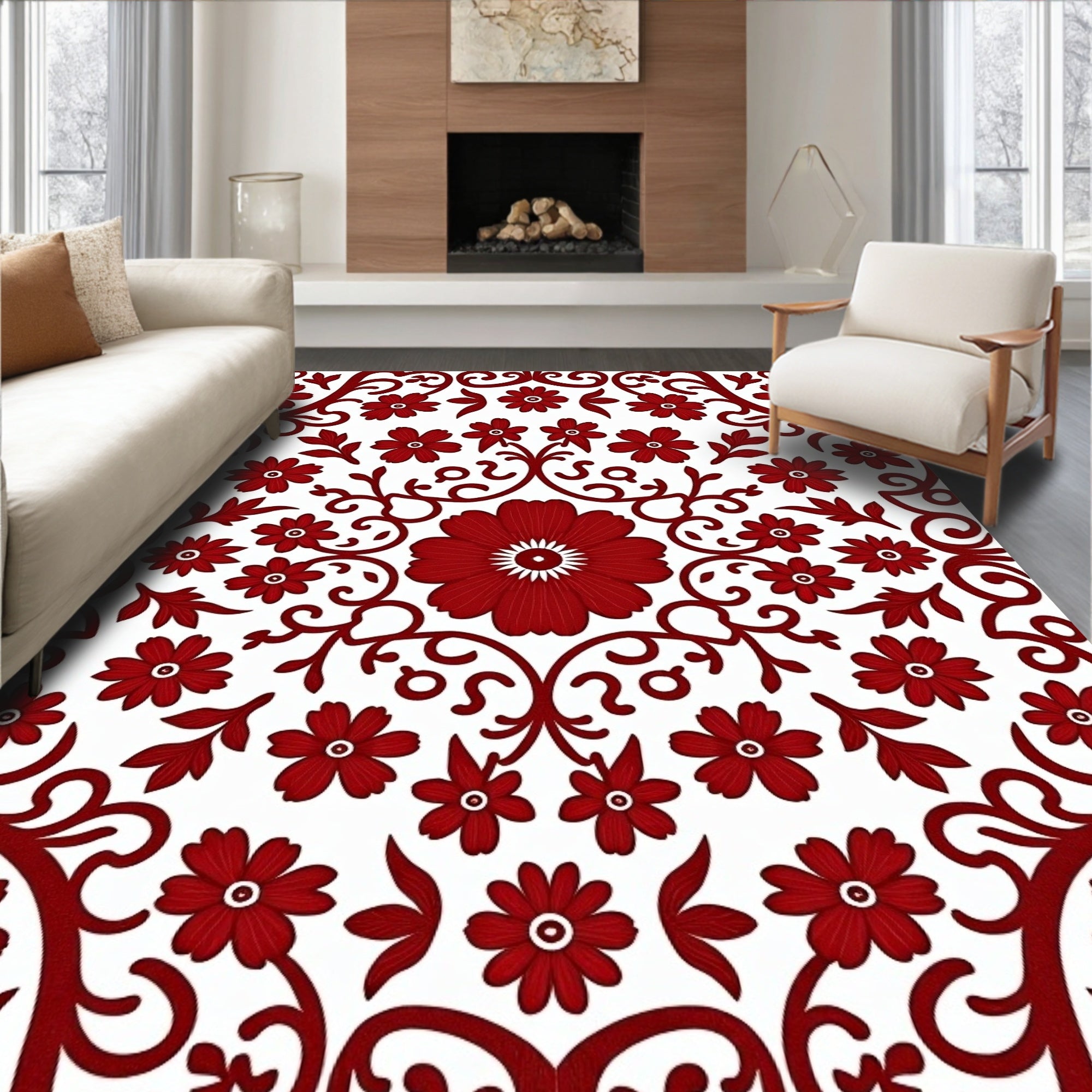 Rich Red Floral Vine Pattern Rug