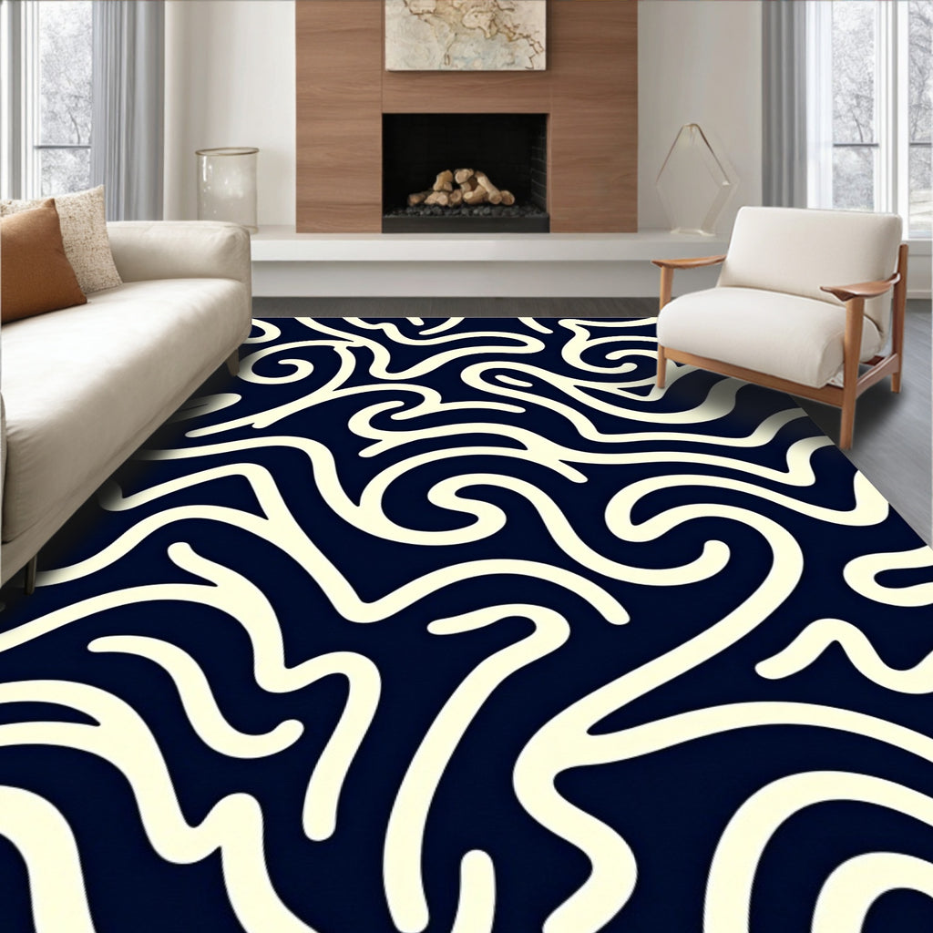 Cream Swirl on Navy Abstract Rug