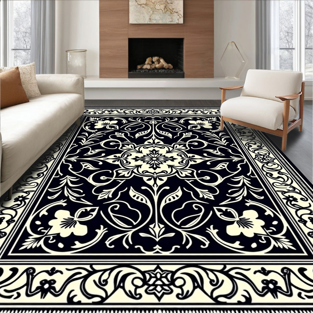 Classic Black Cream Floral Intricate Design Rug