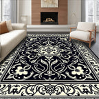 Classic Black Cream Floral Intricate Design Rug