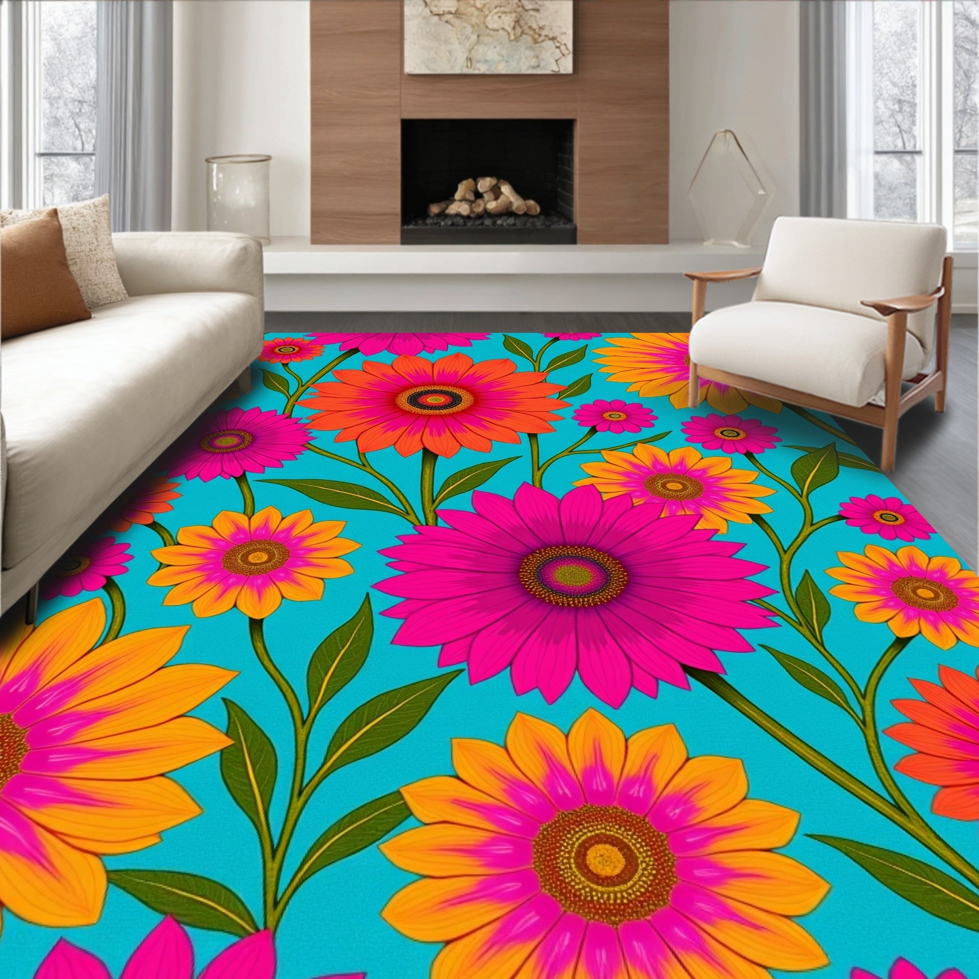 Bold Floral Pattern Vivid Colors Rug