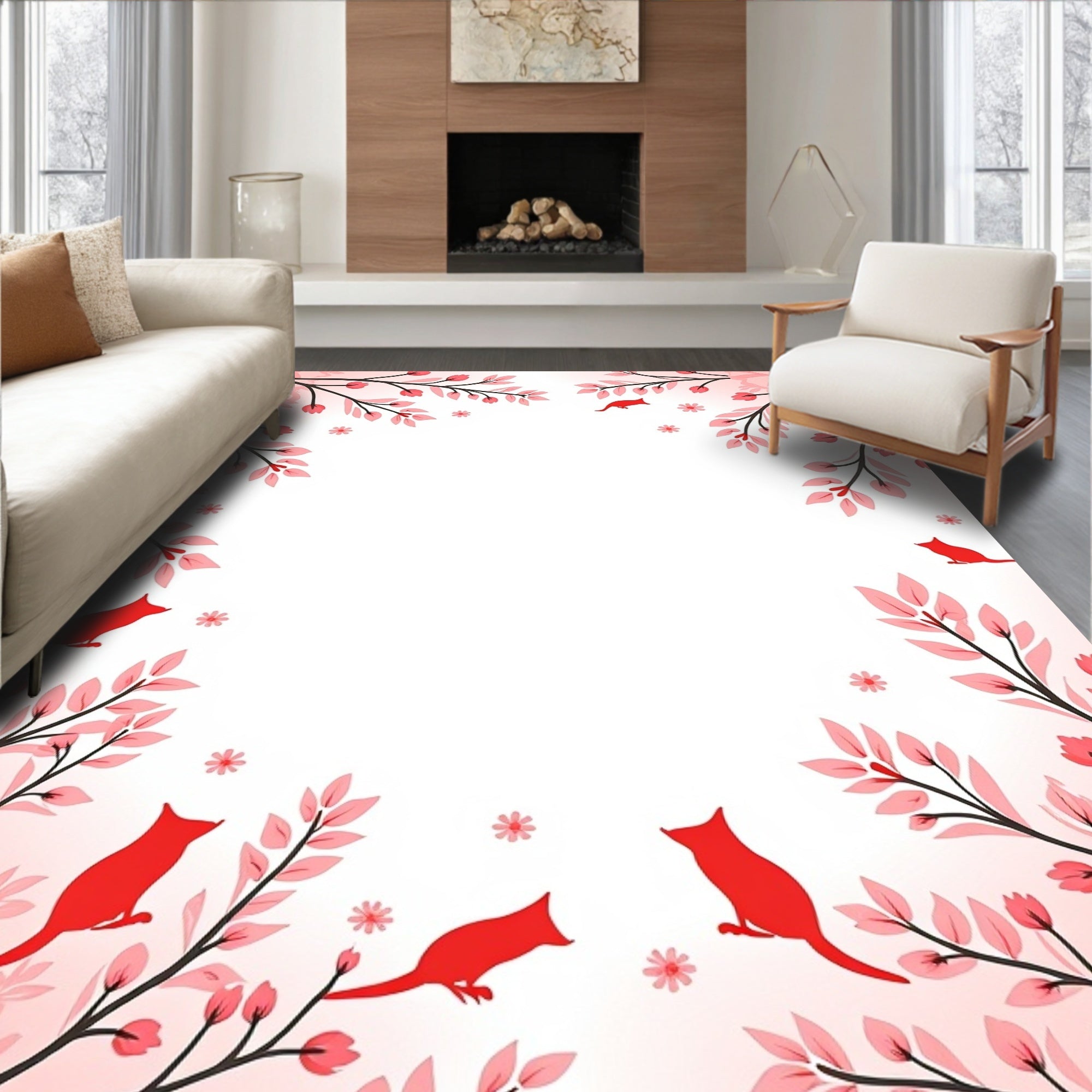 Red Fox Floral Branch Pattern Rug