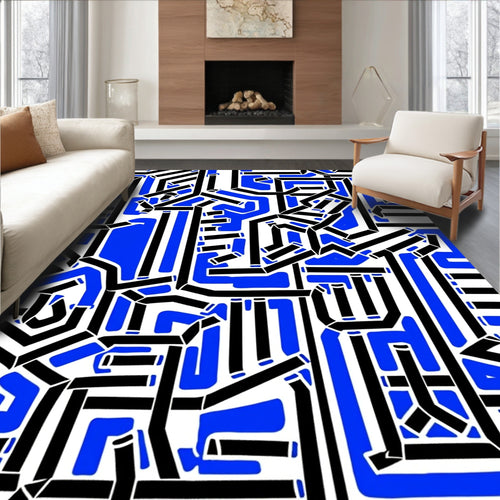 Abstract Maze Black Blue Geometric Rug