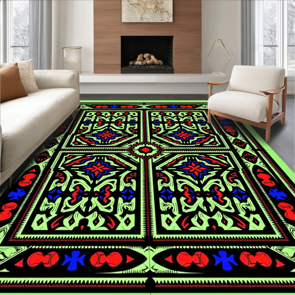 Geometric Floral Mandala Black Red Blue Lime Rug
