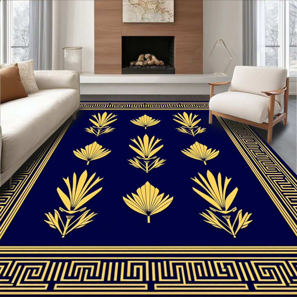 Art Deco Blue Gold Floral Border Rug