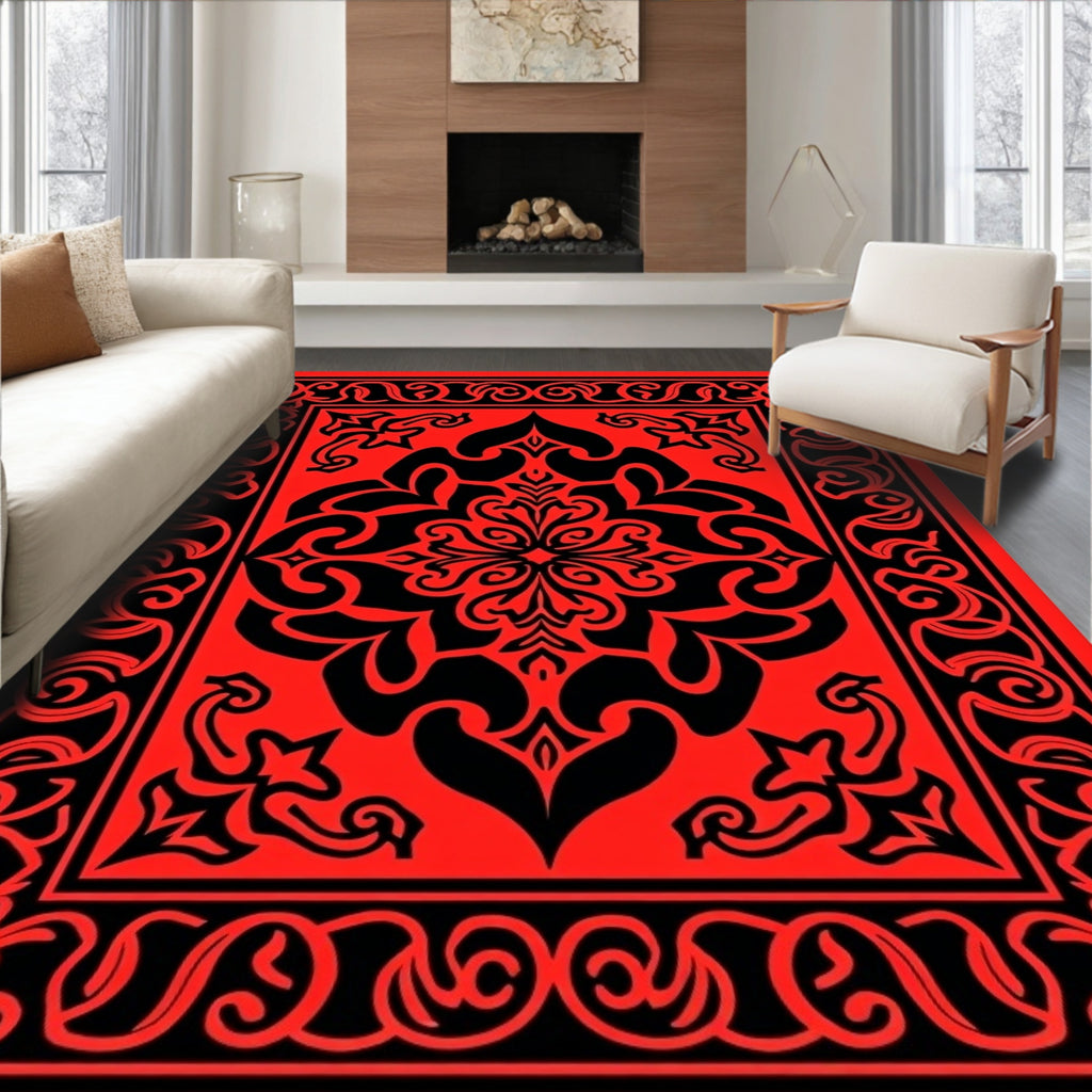 Bold Red Black Floral Border Rug