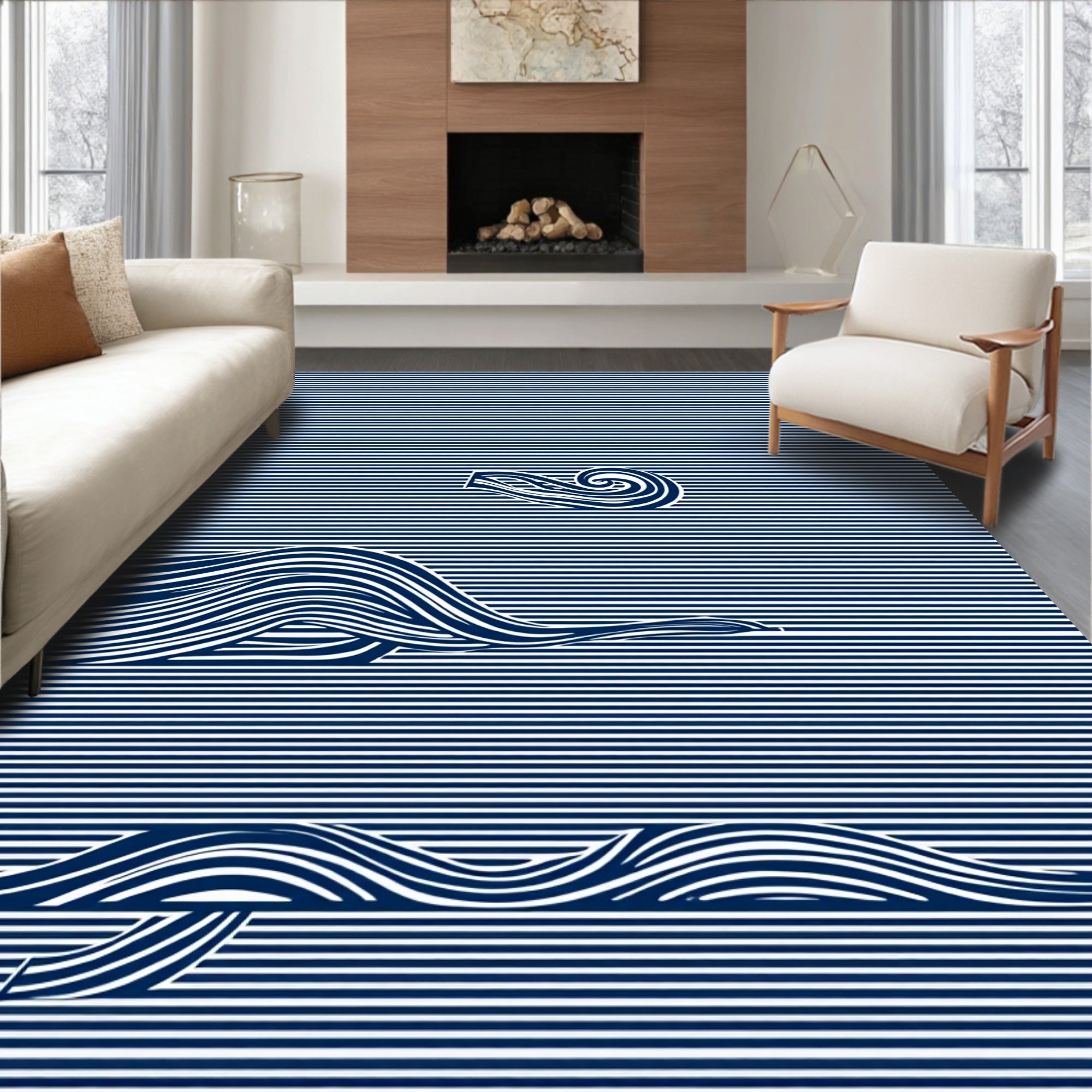 Blue Waves Abstract Striped Design Rug