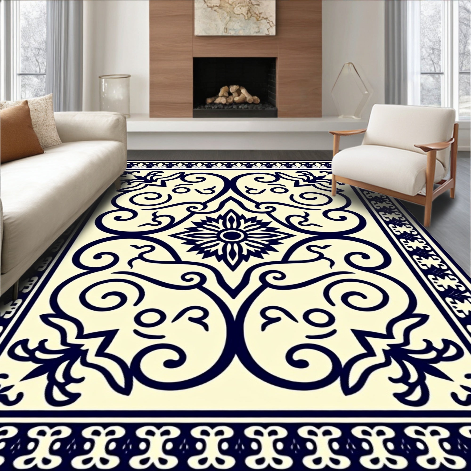 Classic Floral Scrollwork Cream Navy Rug