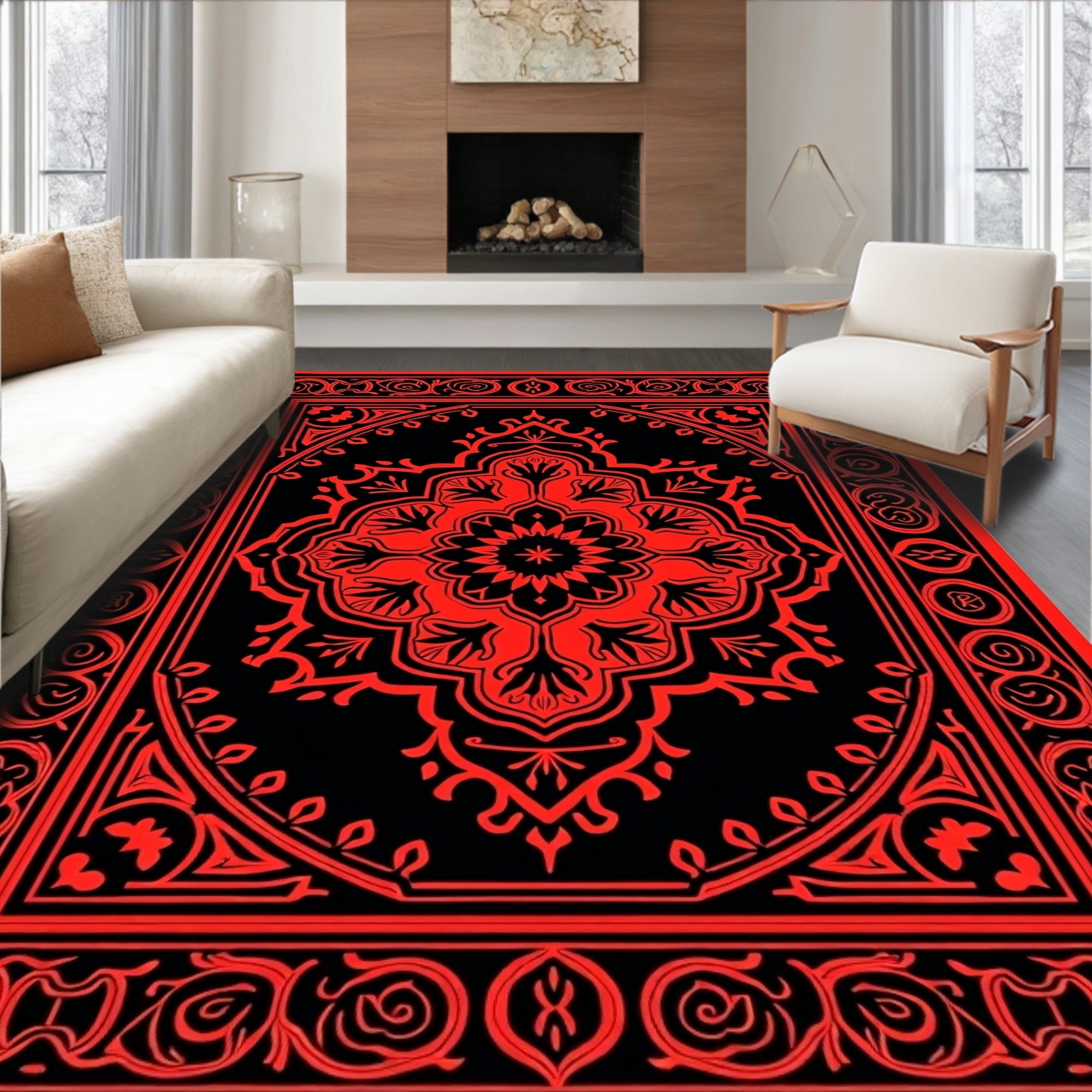 Ornate Floral Medallion Red Black Rug
