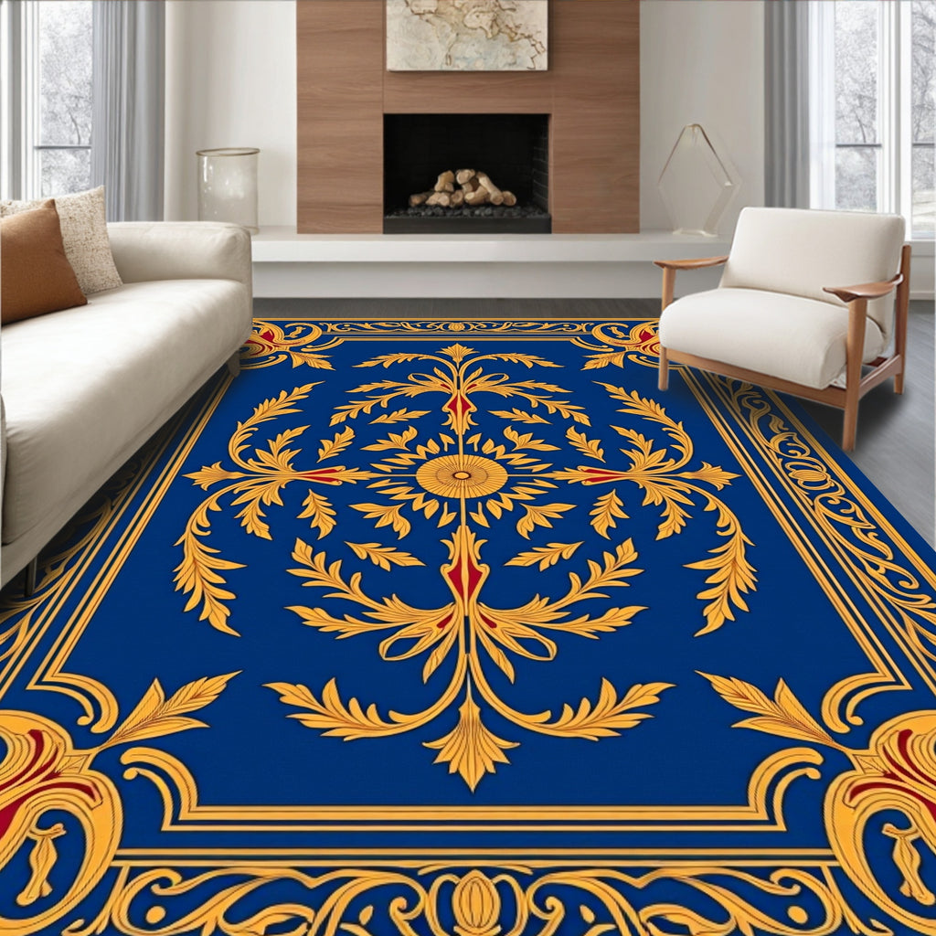 Elaborate Blue Gold Leaf Pattern Rug