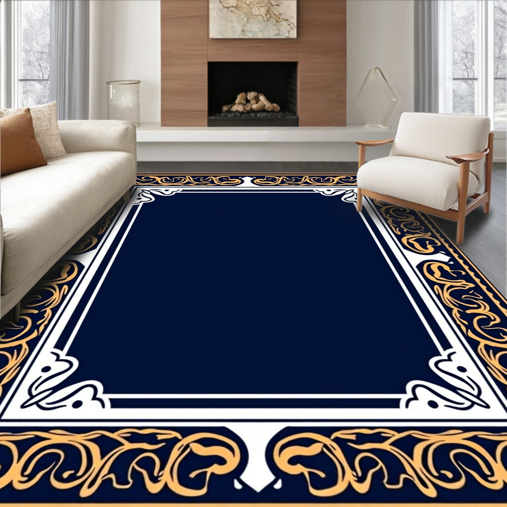 Gold Navy Ornate Scrollwork Border Design Rug