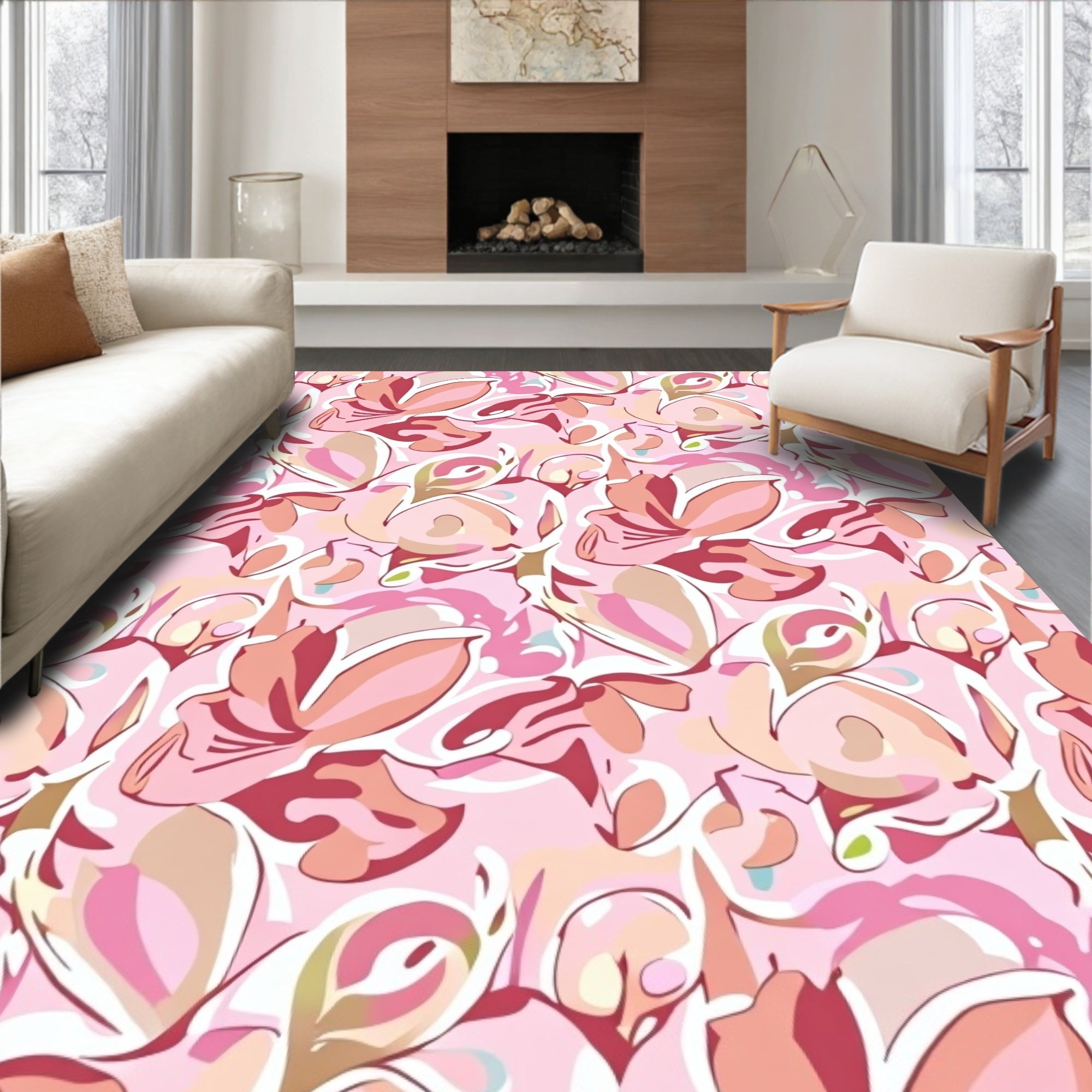 Soft Pink Floral Swirl Pattern Design Rug