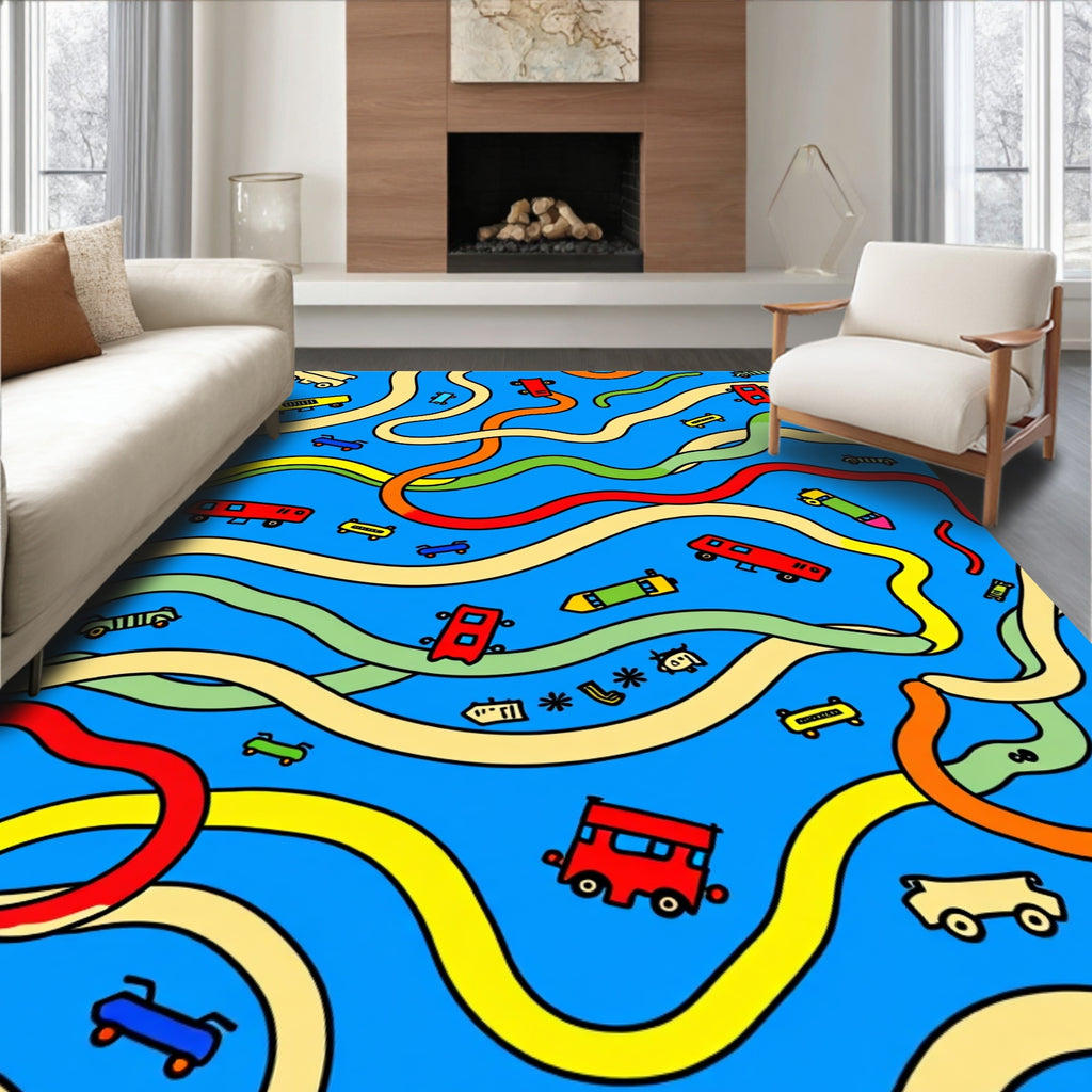 Playful Car and Skateboard Road Adventure Rug