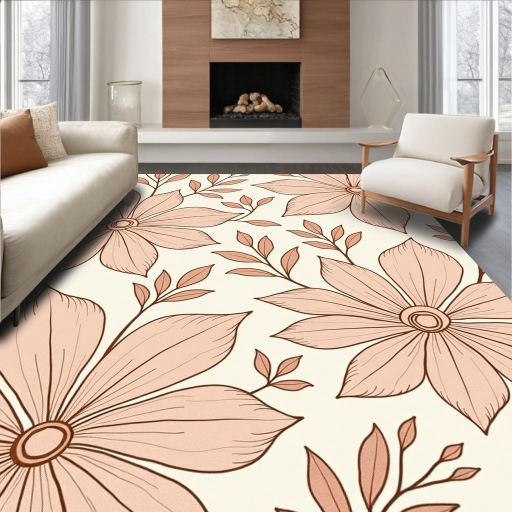 Soft Peach Floral Leaf Pattern Rug