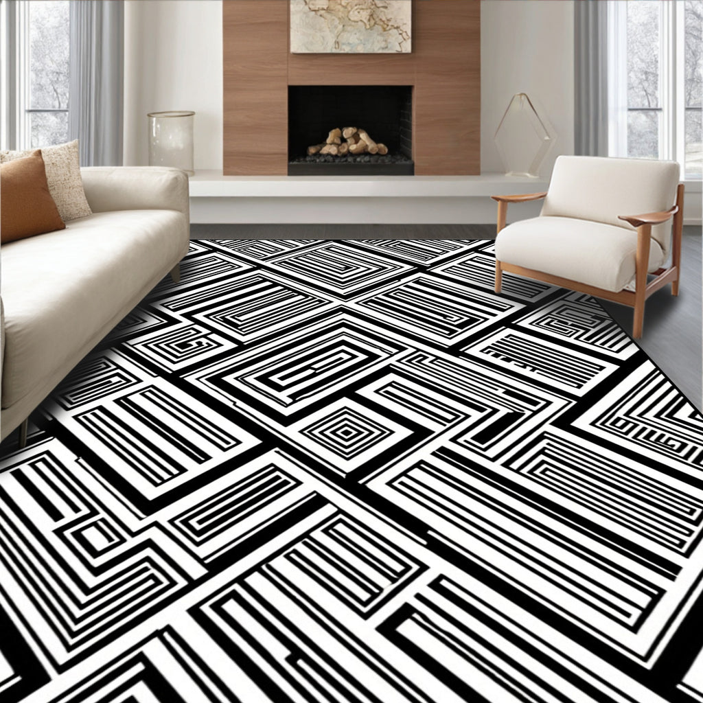 Maze Like Geometric Lines Pattern Rug
