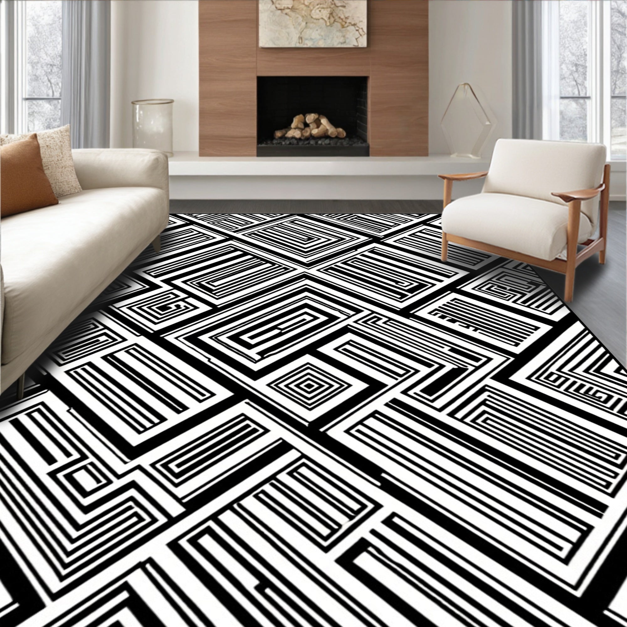 Maze Like Geometric Lines Pattern Rug
