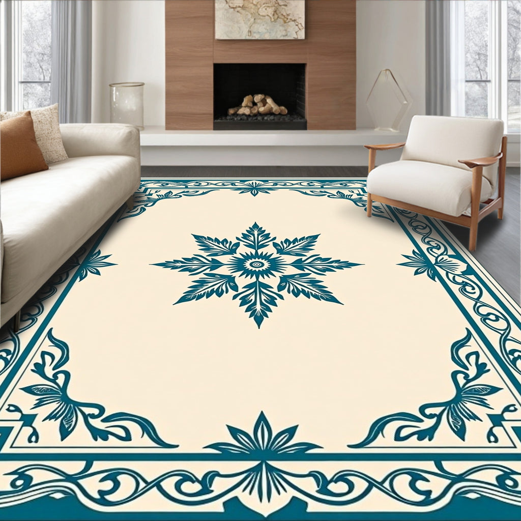Ornate Teal Floral Border Design Rug