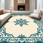 Ornate Teal Floral Border Design Rug