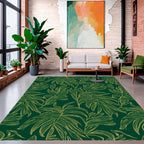 Elegant Green Gold Leaf Pattern Rug