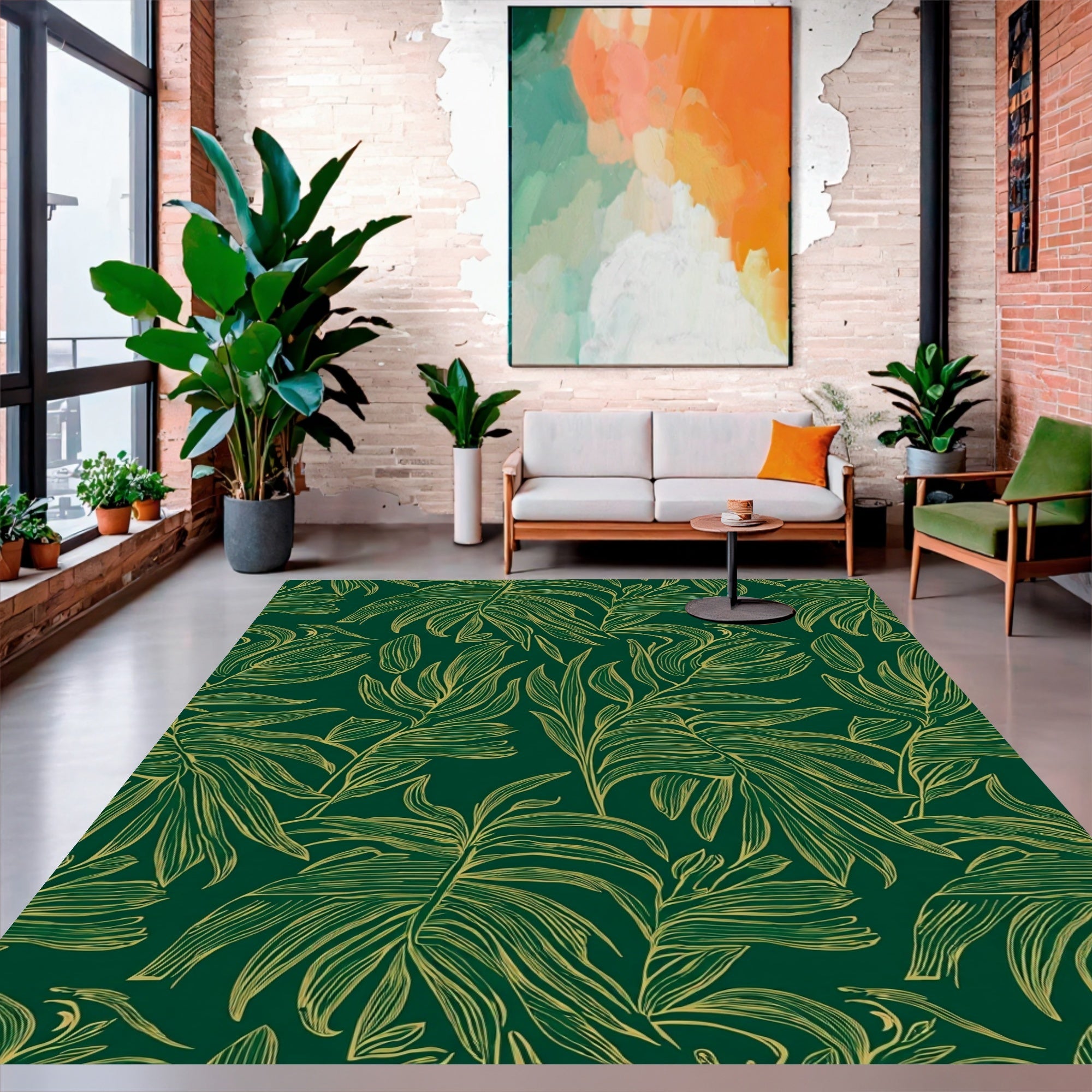 Elegant Green Gold Leaf Pattern Rug