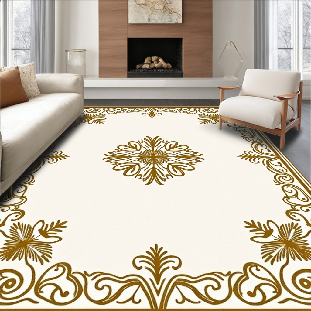 Ornate Golden Floral Border Design Rug
