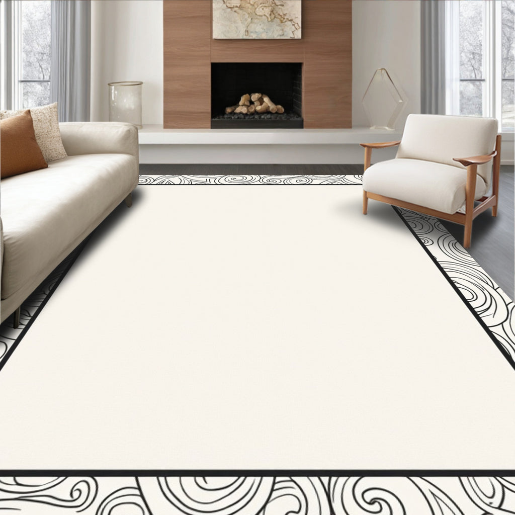 Black White Abstract Swirl Border Rug