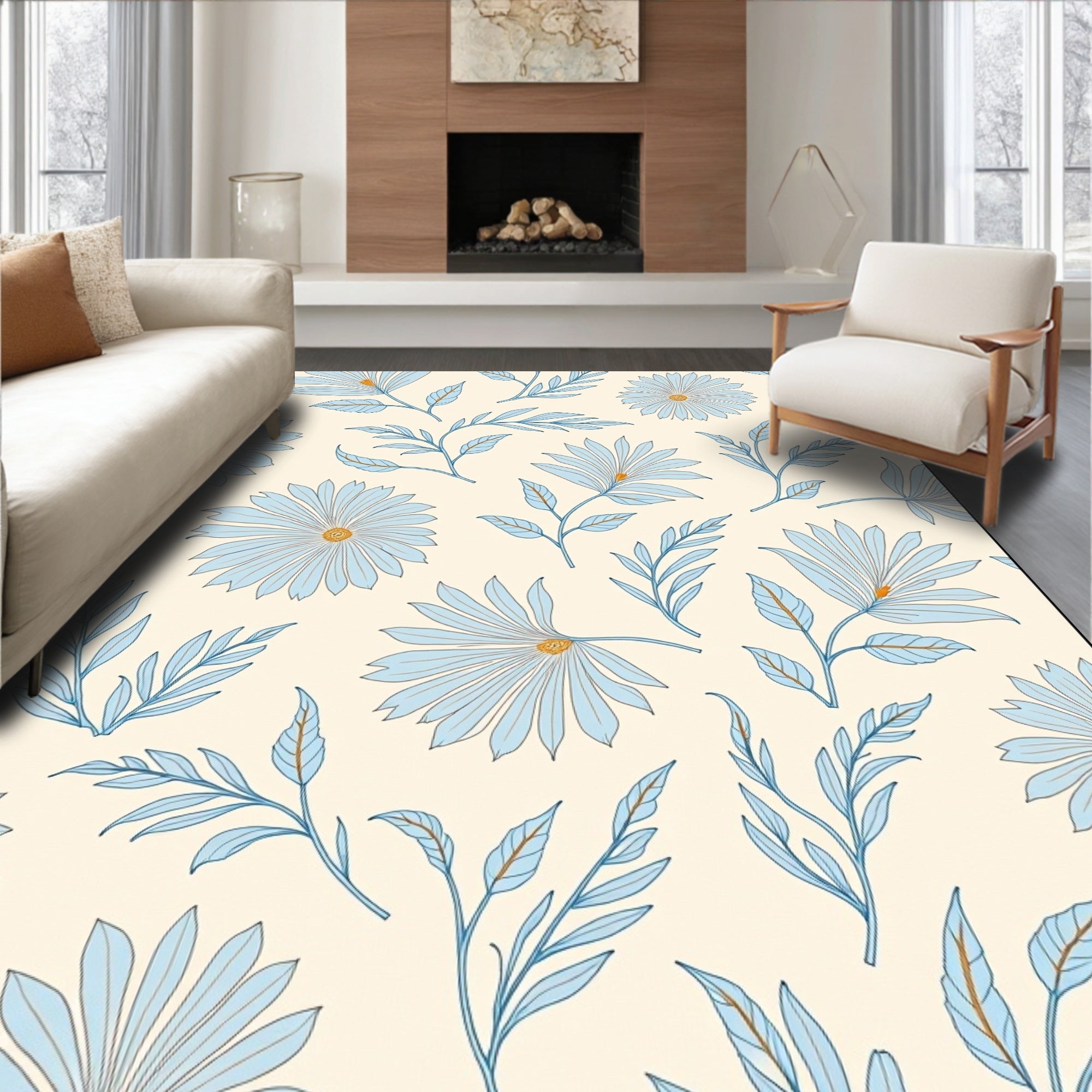 Pastel Blue Floral Botanical Pattern Rug