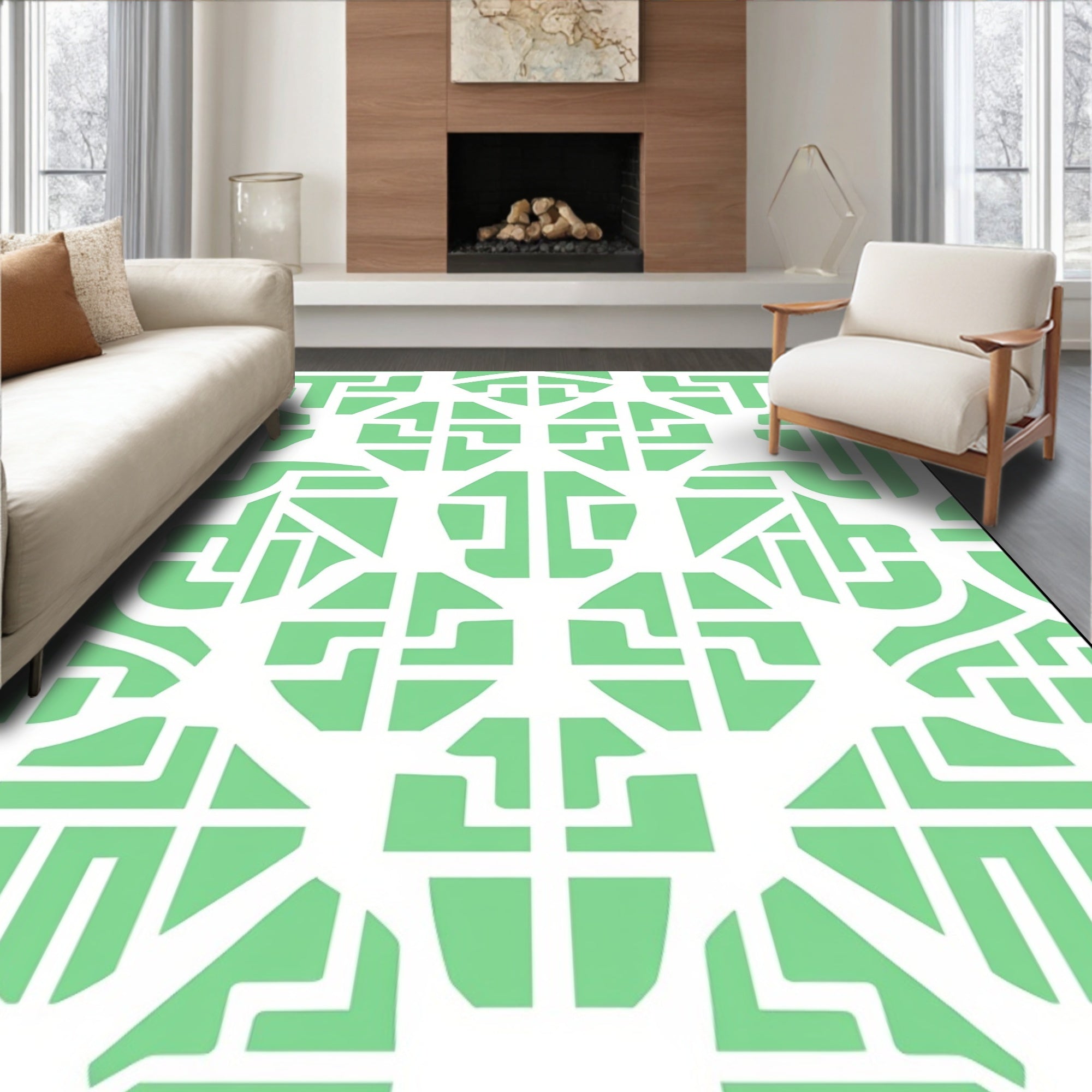 Chic Geometric Patterned Light Green Rug